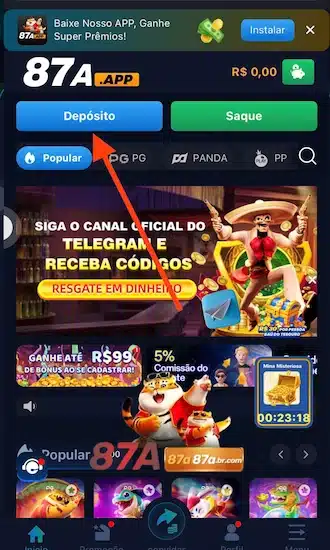Passo 1: Acesse a página inicial e clique em "Depósito"